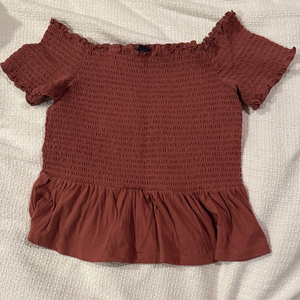 American Eagle Outfitters Smocked Off-Shoulder Top - Rust